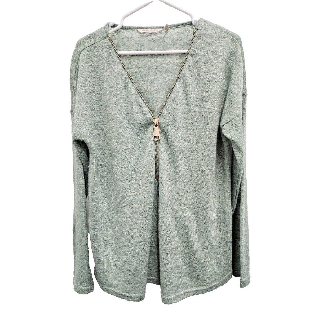 Soft Surroundings Womens BOHO Sweater Medium Green 1/2‎ Zip Pullover Casual